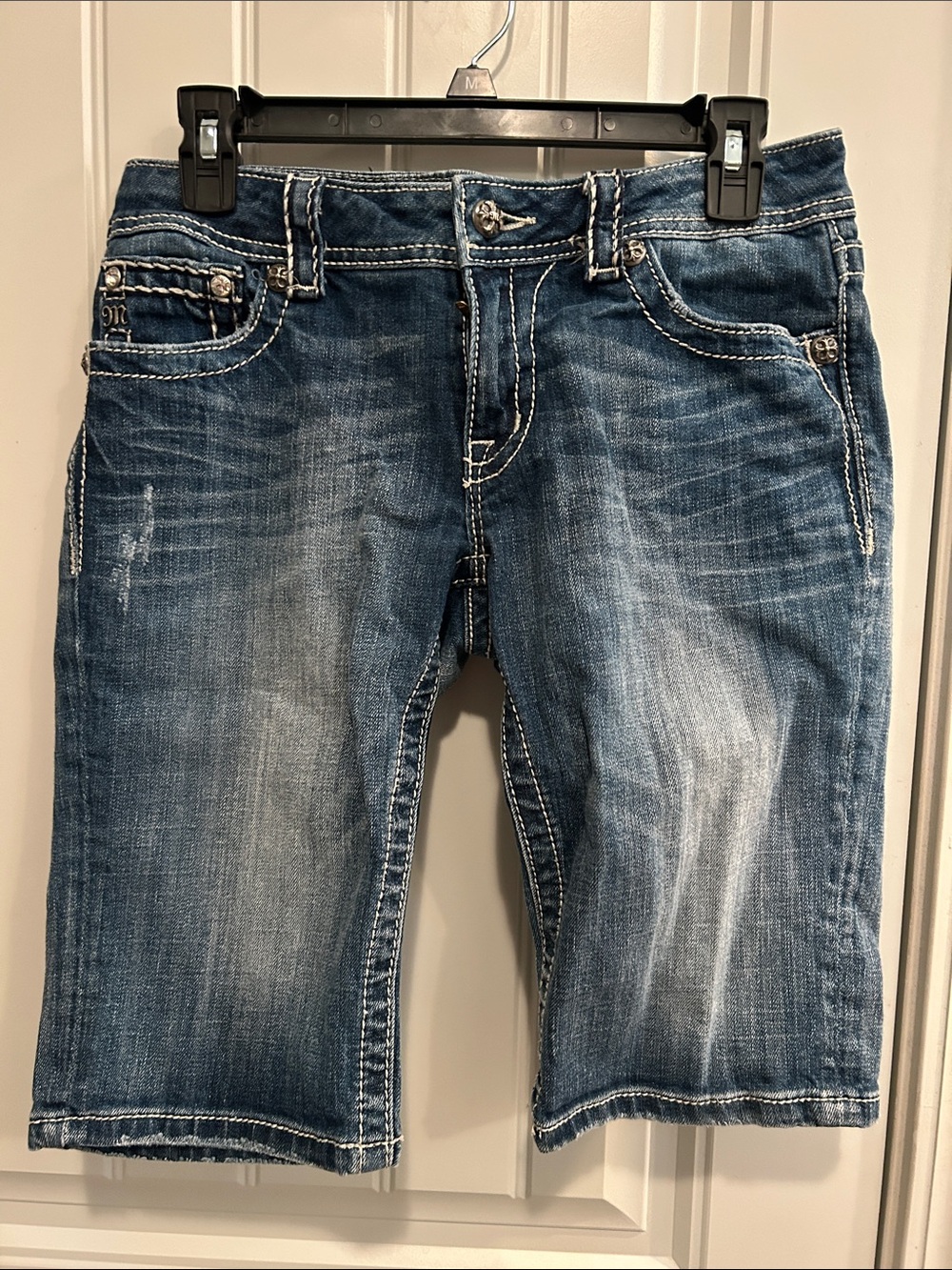 Miss Me Women's Distressed Denim Bermuda Shorts in Blue Wash